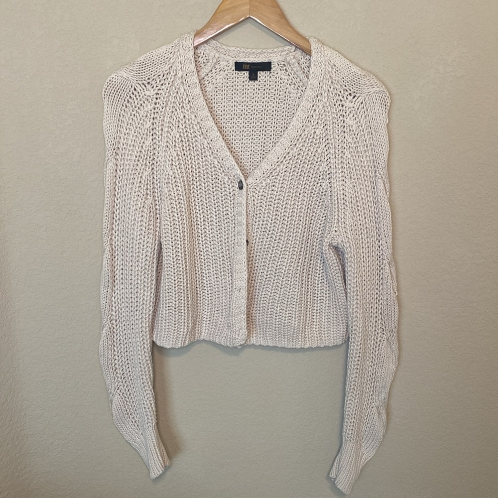 Frye Cable Sleeve Cardigan Crop Button Up Oatmeal Sweater S - Picture 2 of 12